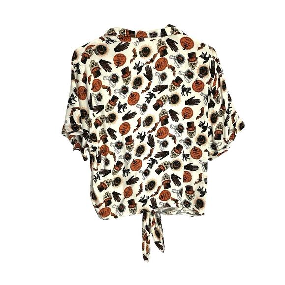 Spirit Halloween Crop Top Womens XL Button Up Tie Front Spooky Skull Witchy Bat - Picture 3 of 8